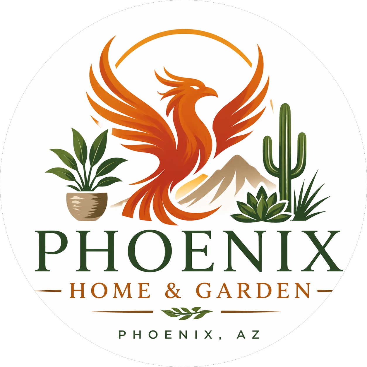 Phoenix Home & Garden logo featuring a modern phoenix bird with desert plants and mountains in Phoenix, Arizona