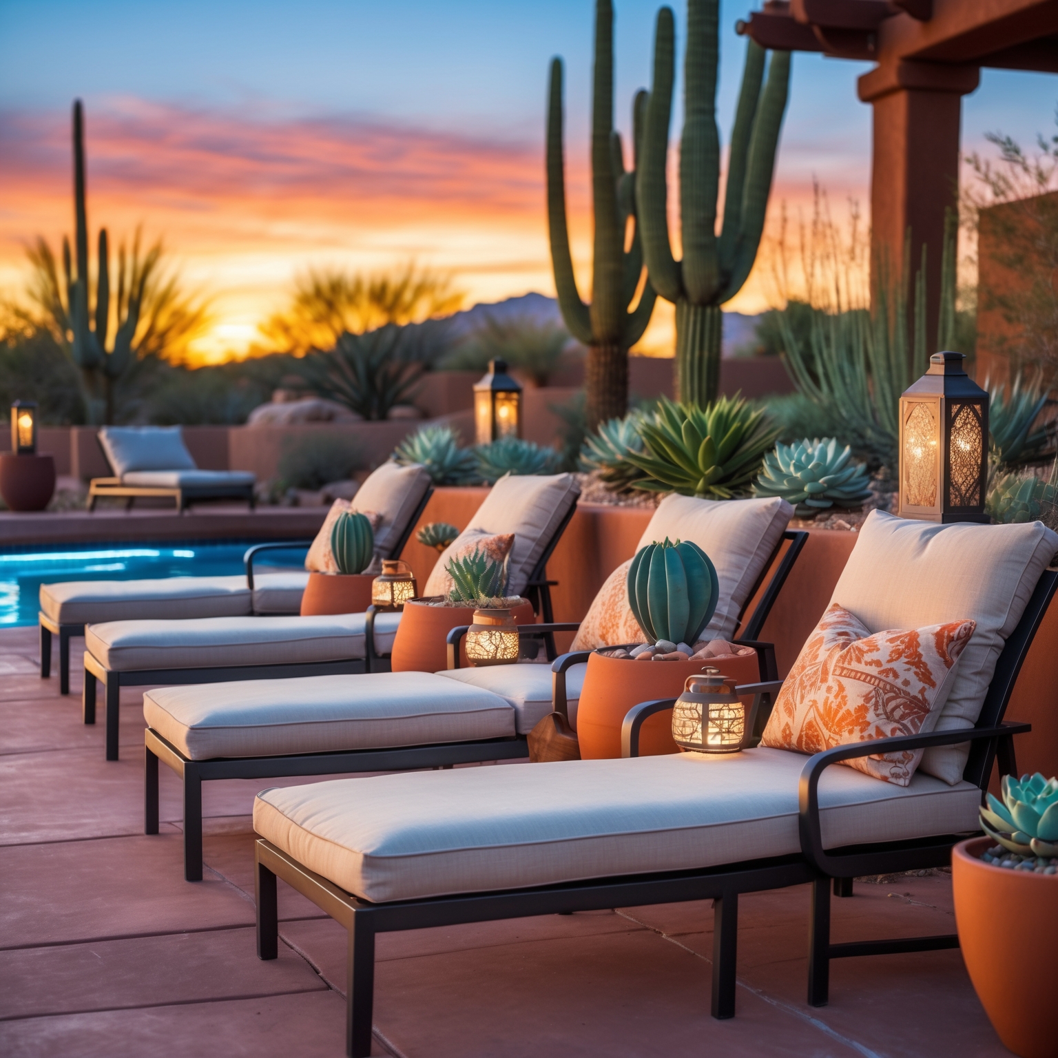 Contemporary patio furniture and decorative lanterns with potted succulents and a desert sunset in Phoenix, Arizona.