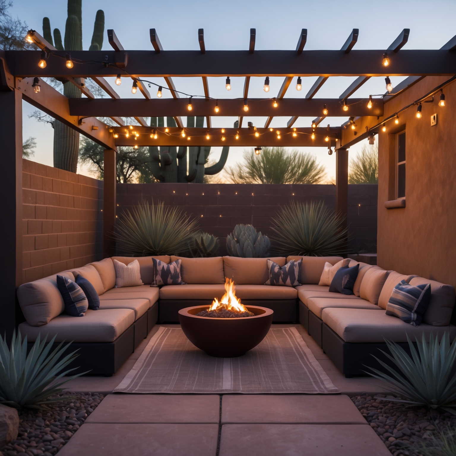 Styled Arizona backyard with a pergola, modular seating, fire pit, string lights, and desert-native plants at dusk in Phoenix, Arizona.