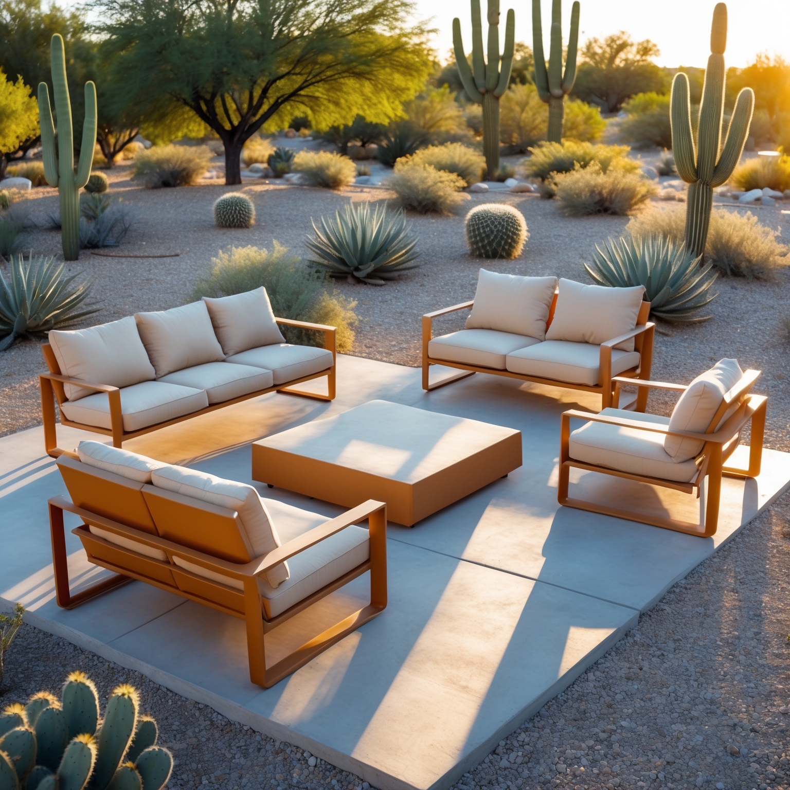 Modern outdoor furniture set on a concrete patio with desert landscaping and saguaro cacti in Phoenix, Arizona.