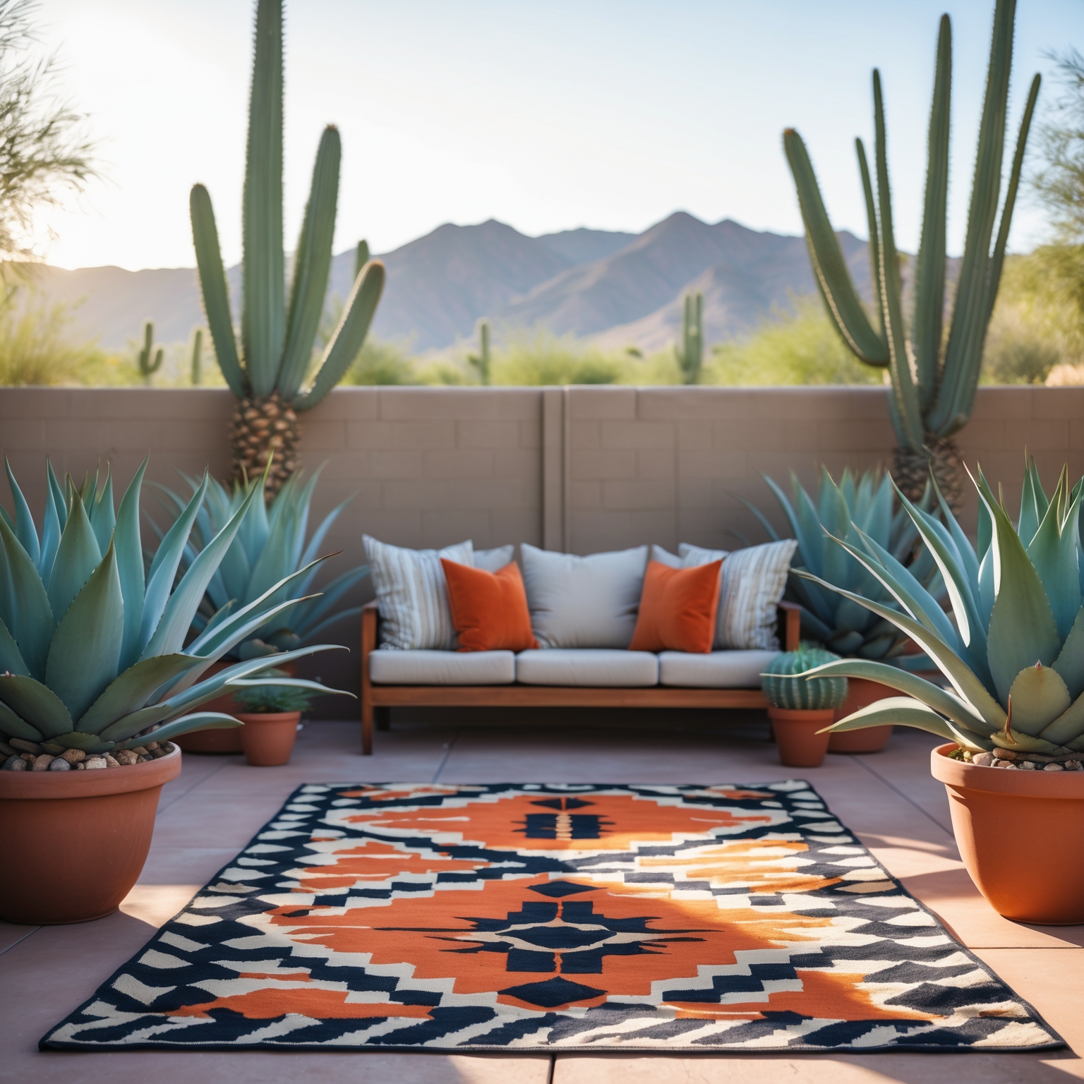 Geometric-patterned outdoor rug anchoring a modern patio seating area with agave plants and desert mountains in the background, Phoenix, Arizona.