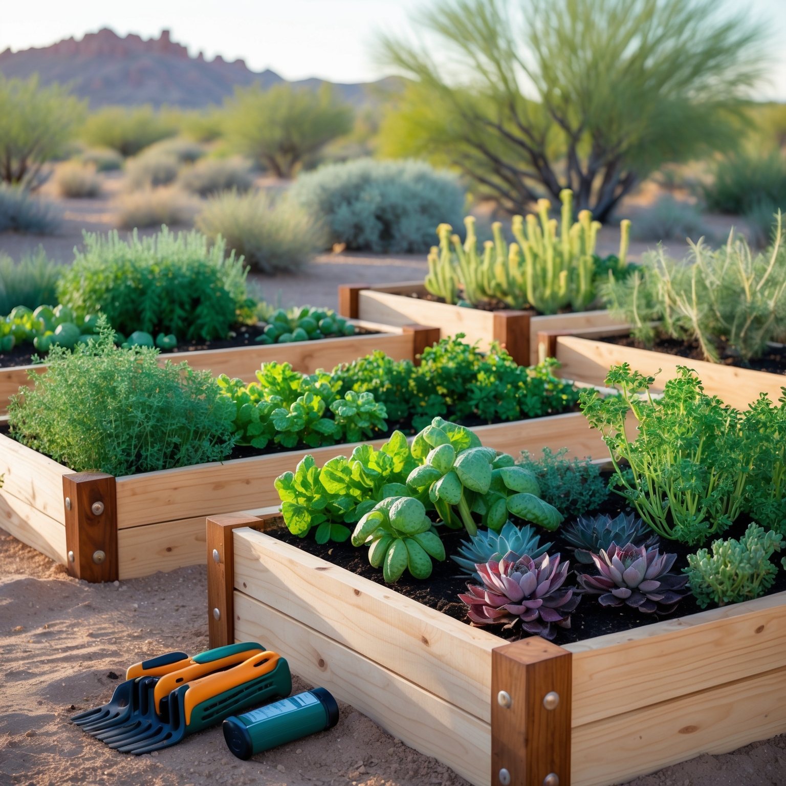 Wooden raised garden beds with herbs and vegetables surrounded by Arizona desert landscape in Phoenix, AZ.