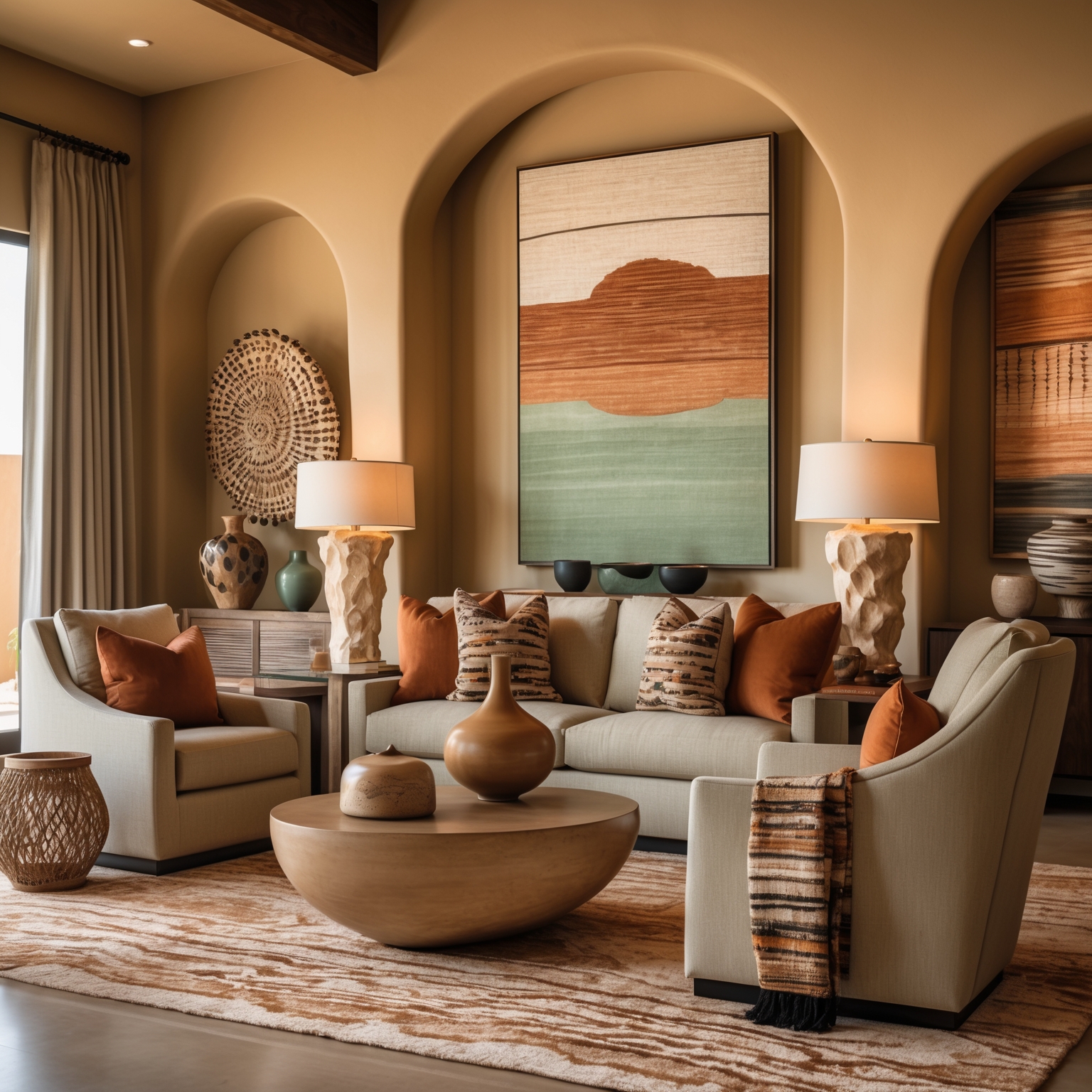 Elegant living room featuring luxury home decor with sculptural vases and woven textiles in a desert-inspired color palette, Phoenix, Arizona.